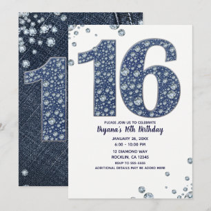 Convite Denim & Diamantes Brilho Brilhos Doce 16 Aniversár