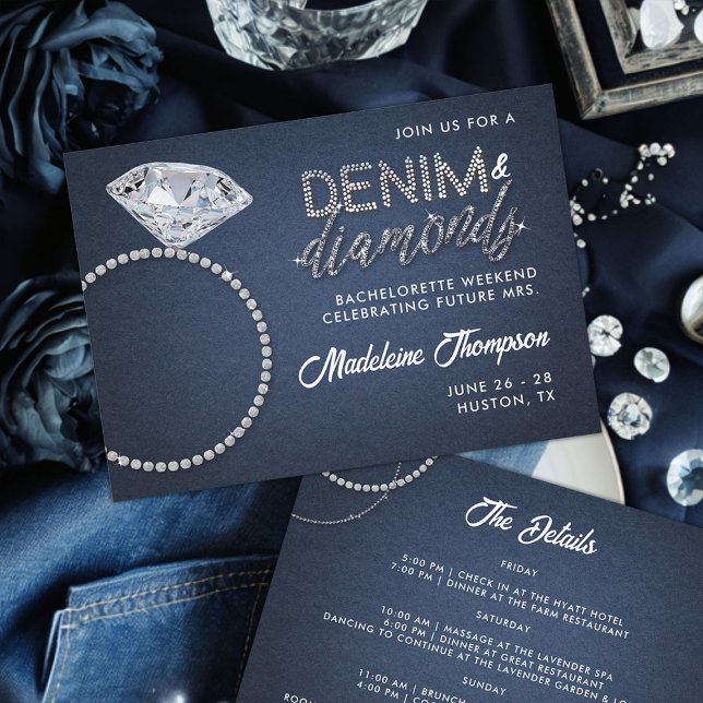Convite Denim Diamantes Casamento Bachelorette Anel Itiner (denim and diamonds bachelorette party weekend invitation classy diamond ring itinerary)