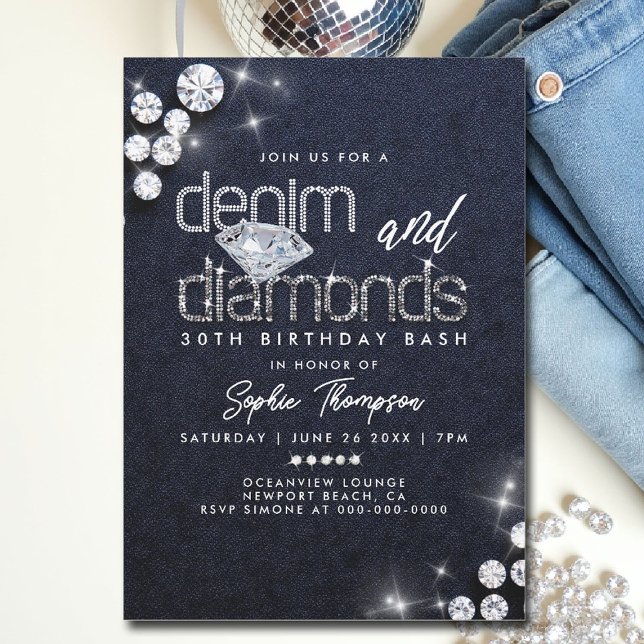 Convite Denim Diamantes Classy Bling aniversário de 30 ano (denim and diamonds theme invitations 30th 50th sweet 16 elegant classy bling template)