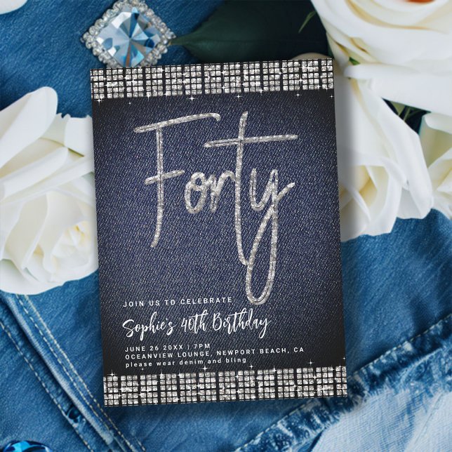 Convite Denim Diamantes Classy Bling aniversário de 40 ano (denim and diamonds 40th birthday invitation classy modern elegant rhinestones calligraphy blue jeans)