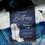 Convite Denim Diamantes Cowgirl Bling Bling 50º Aniversári<br><div class="desc">Um país moderno, elegante e quic 50º convite de aniversário para mulheres com o tema do denim e dos diamantes. Apresenta um fundo denim, um par branco de afirmações de botas de vaquinha em pintura acrílica e tipografia em branco, com a palavra "Aniversário" na caligrafia moderna e um efeito de...</div>