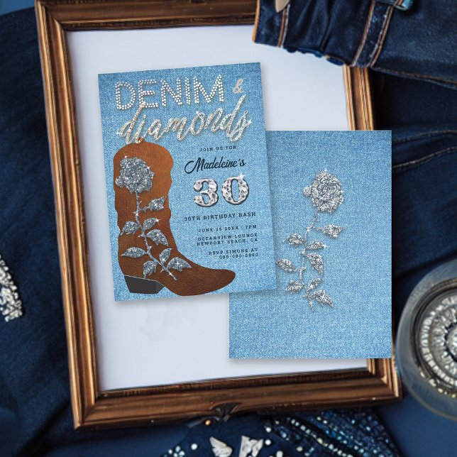 Convite Denim Diamantes Cowgirl Bling Jeans Festa de anive (Denim and Diamonds Copper Cowgirl Boot 30th Birthday Party Invitation for Women Bling Rose Elegant)