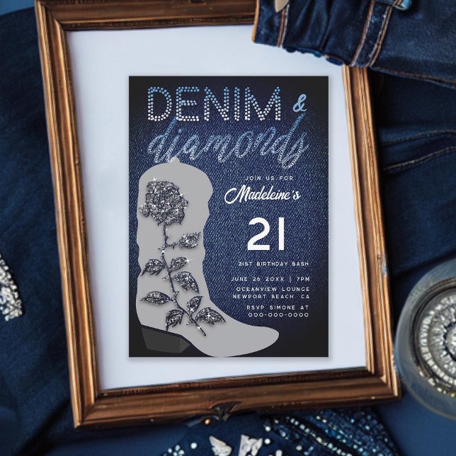 Convite Denim Diamantes Cowgirl Boot Bling aniversário de  (denim and diamonds 21st birthday invite for girls cowgirl boot bling rose classy elegant modern chic)