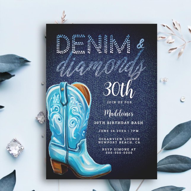 Convite Denim Diamantes Cowgirl Boot Festa de aniversário  (denim diamonds 30th birthday party invitation for women rustic glam barn country blue cowgirl boot)