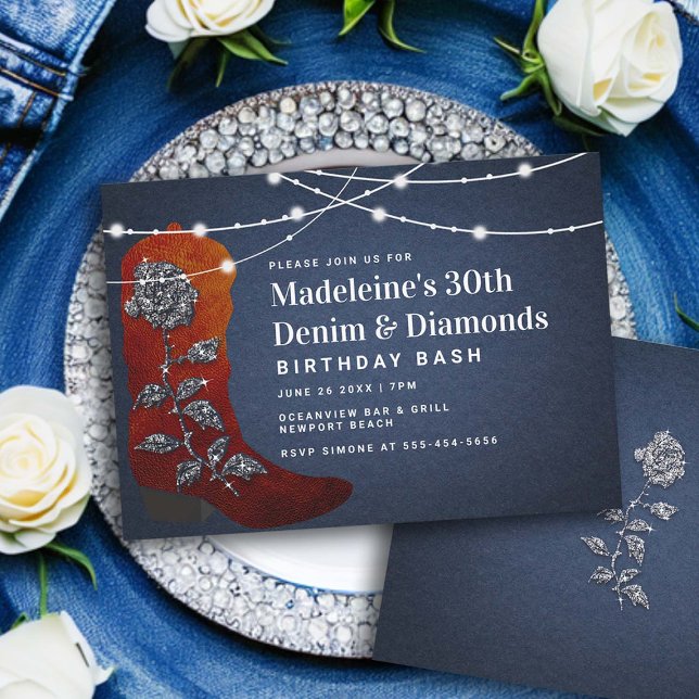 Convite Denim Diamantes Cowgirl Boot Glam aniversário de 3 (denim and diamonds 30th birthday invitation women elegant classy bling rustic lights cowgirl boot )