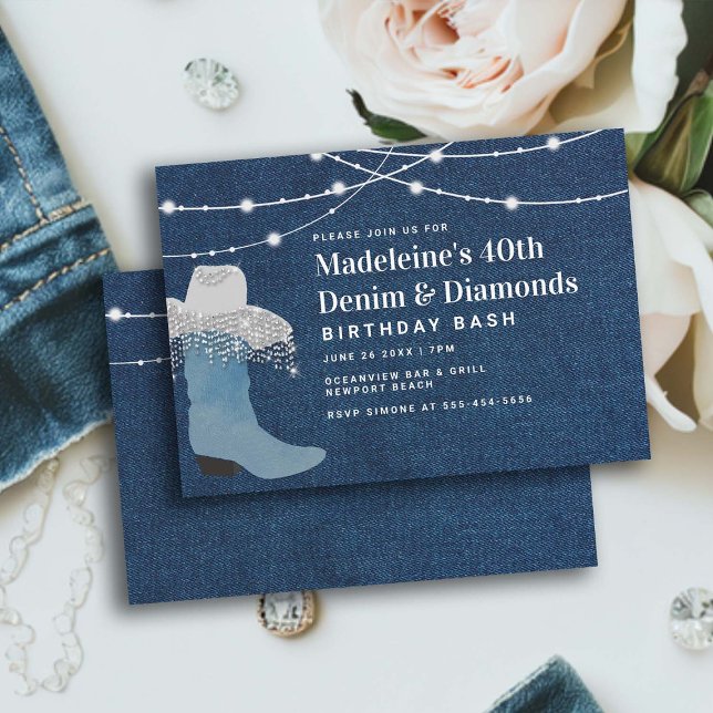 Convite Denim Diamantes Cowgirl Boot Hat Glam aniversário  (denim and diamonds theme 40th birthday party invitation women elegant cowgirl hat western country )