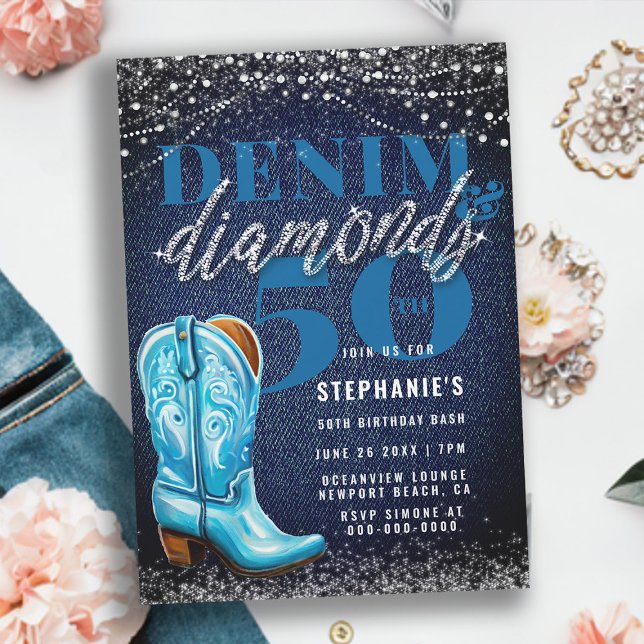Convite Denim Diamantes Cowgirl Boot Rustic 50th Birthday (denim and diamonds 50th birthday invitation for women cowgirl boot elegant classy rustic lights chic)