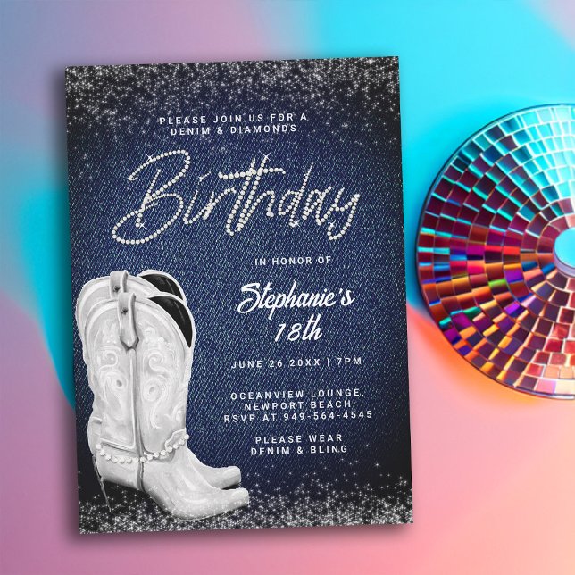 Convite Denim Diamantes Cowgirl Boots Bling 18º Aniversári (denim and diamonds 18th birthday invitation women cowgirl boots country western party elegant classy)