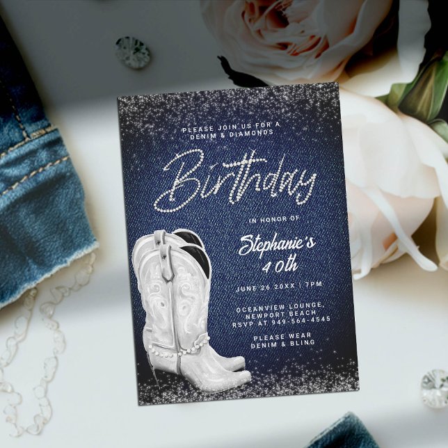 Convite Denim Diamantes Cowgirl Boots Bling aniversário de (denim and diamonds 40th birthday invitation women cowgirl boots country western bling rhinestones)