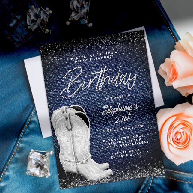 Convite Denim Diamantes Cowgirl Boots Bling aniversário de (denim and diamonds birthday party invitation 21st women rhinestone bling glitter classy cowgirl boot)