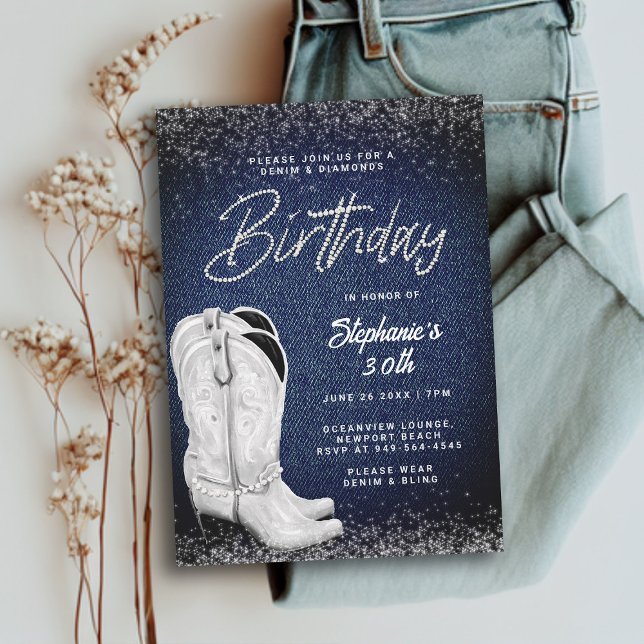 Convite Denim Diamantes Cowgirl Boots Bling aniversário de (denim and diamonds 30th birthday invitation women cowgirl boots country western party elegant classy)
