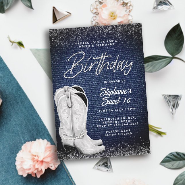 Convite Denim Diamantes Cowgirl Boots Bling Sweet 16 (denim and diamonds sweet 16 birthday invitation girls cowgirl boots country western party elegant)