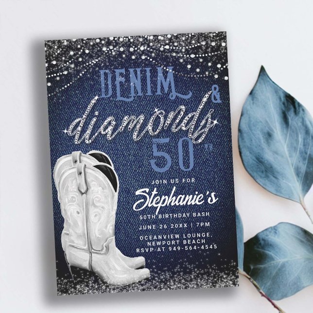 Convite Denim Diamantes Cowgirl Boots Country 50º Aniversá (denim and diamonds 50th birthday party for women elegant classy stylish country party cowgirl boots)