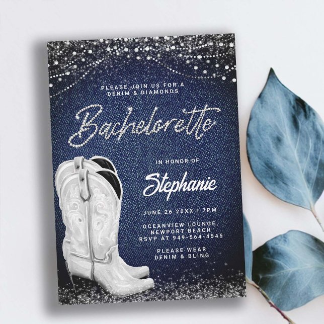 Convite Denim Diamantes Cowgirl Boots Country Bachelorette (denim and diamonds bachelorette party invitation white cowgirl boots classy ladies night out country)