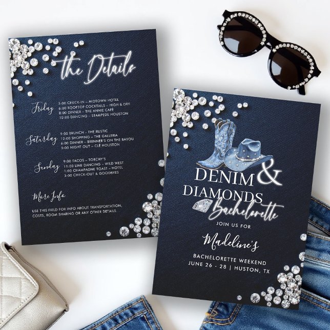 Convite Denim Diamantes Cowgirl Chic Bachelorette Itinerar (denim diamonds bachelorette party itinerary invitation cowgirl hat boots calligraphy modern classy)