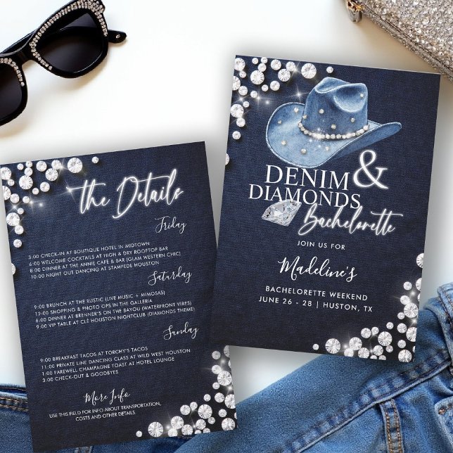 Convite Denim Diamantes Cowgirl Hat Bachelorette Itinerary (denim diamonds bachelorette party itinerary invitation cowgirl hat calligraphy modern classy stylish)