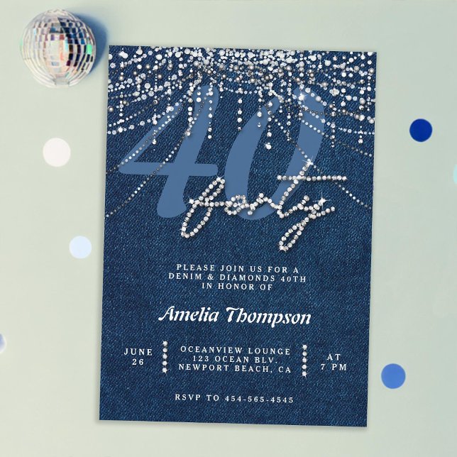 Convite Denim Diamantes Derramam Festa de aniversário de 4 (denim diamonds 40th birthday invitation for women elegant classy rhinestones modern denim glitter)
