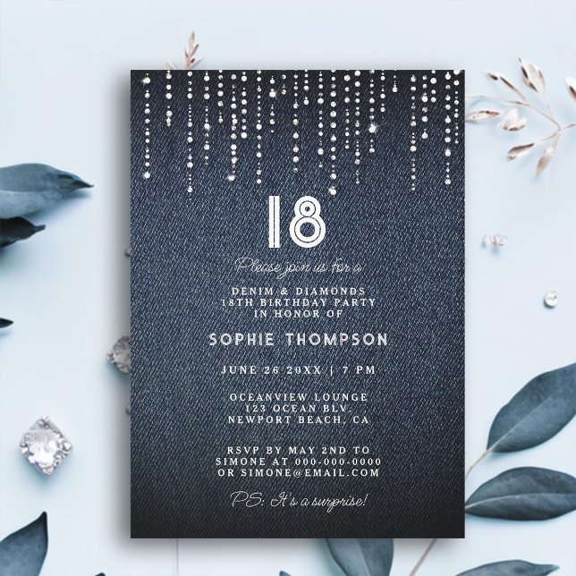 Convite Denim Diamantes Drippings 18ª Festa de aniversário (denim diamonds drippings glam 18th birthday party invitation for women modern classy simple luxury)