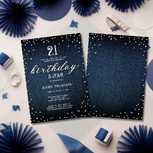 Convite Denim Diamantes Elegante Partido aniversário de 21