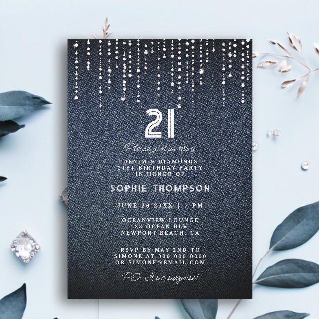 Convite Denim Diamantes, Festa de aniversário de 21 anos (denim diamonds 21st birthday party invitation for women modern simple glam elegant classy drippings)