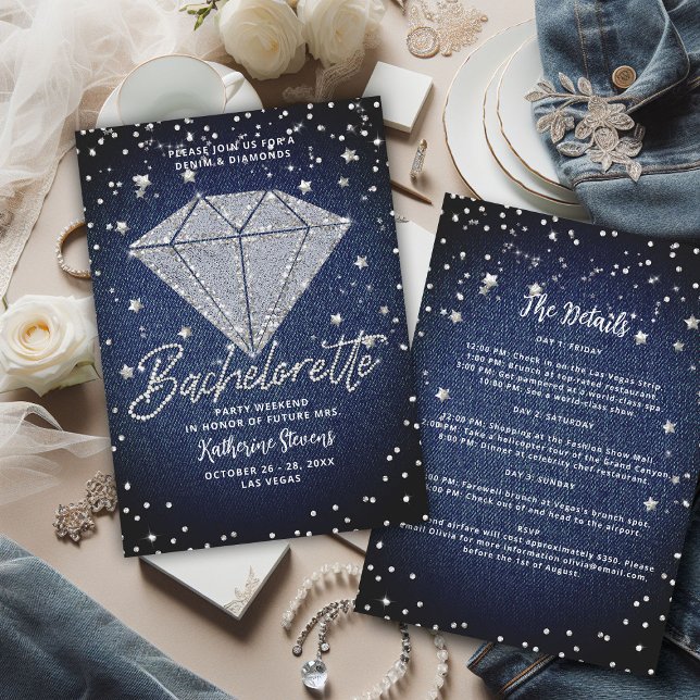 Convite Denim Diamantes Festa de solteira Itinerária Bling (denim diamonds bachelorette party itinerary invitation classy stylish white blue jeans elegant chic)