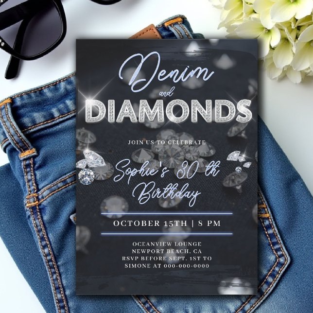 Convite Denim Diamantes Glam Glow Classy aniversário de 30 (denim and diamonds 30th birthday party invite glam script glitz bling sparkle blue white glow)