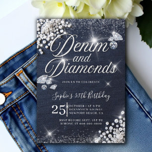 Convite Denim Diamantes Glam Script Classy aniversário de 