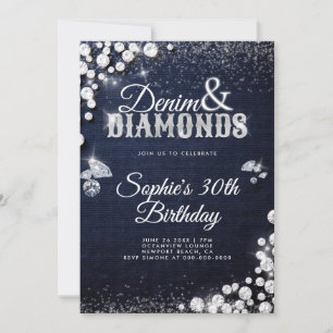Convite Denim Diamantes Glam Script Elegante aniversário d