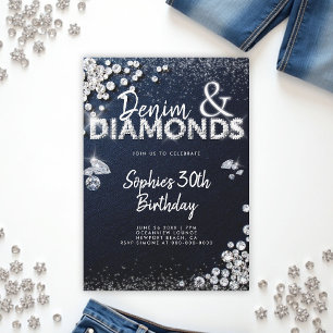 Convite Denim Diamantes Glam Type Elegant aniversário de 3
