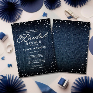 Convite Denim Diamantes Glitter Blue Elegant Bridal Brunch