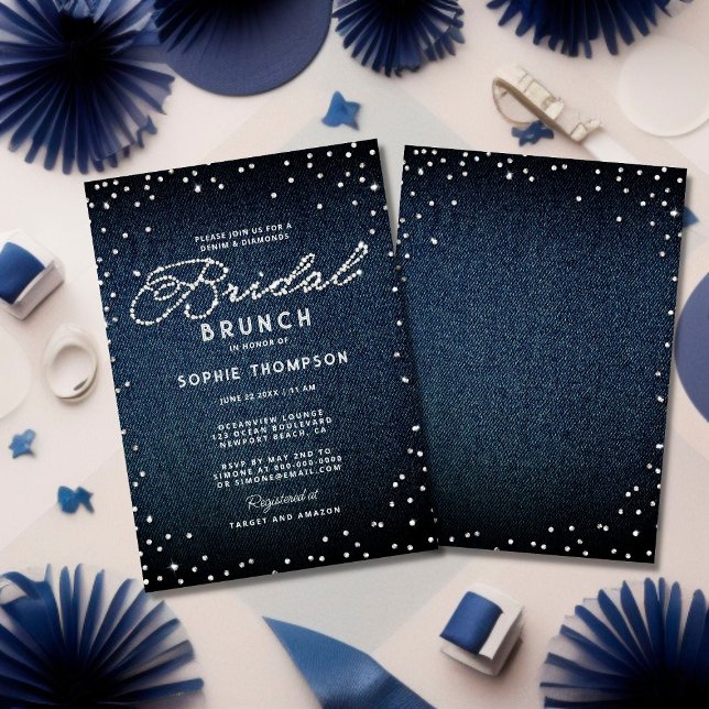 Convite Denim Diamantes Glitter Blue Elegant Bridal Brunch (Criador carregado)