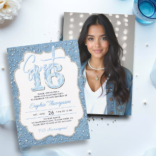 Convite Denim Diamantes Glitter Chic Frame Foto Sweet 16