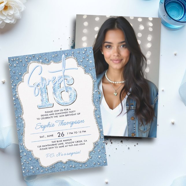 Convite Denim Diamantes Glitter Chic Frame Foto Sweet 16 (sweet sixteen invitation 16th birthday photo template denim diamonds elegant frame bling fashion)