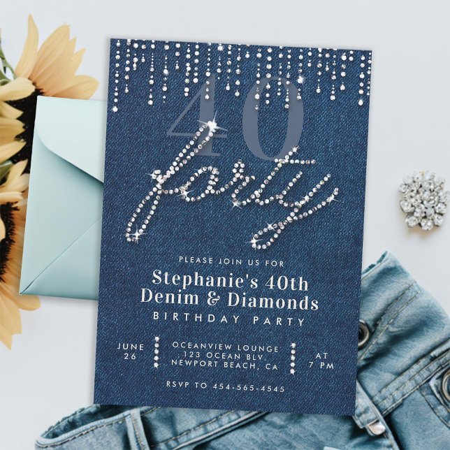 Convite Denim Diamantes Glitter Drives aniversário de 40 a (denim diamonds 40th birthday for women invitation glitter drips classy rhinestones calligraphy chic)