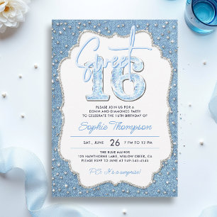 Convite Denim Diamantes Glitter Elegant Frame Sweet 16