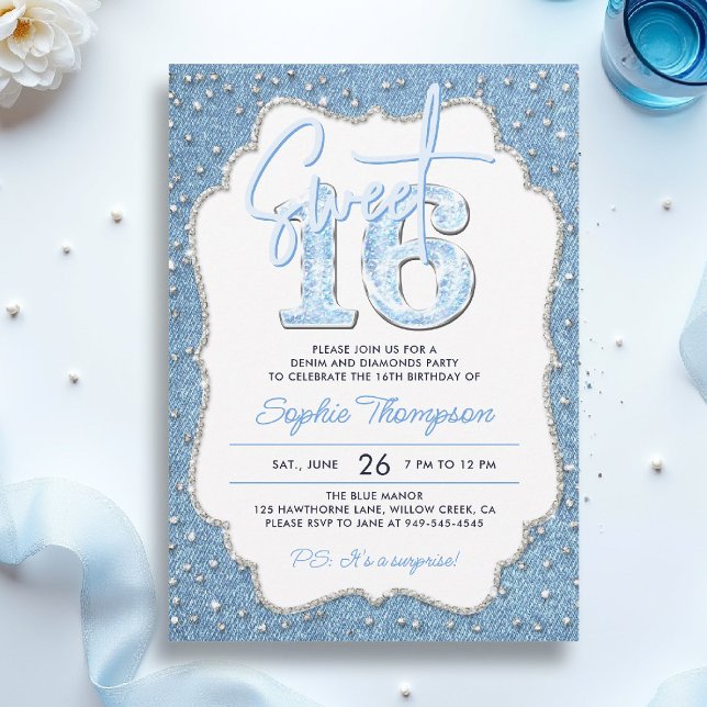 Convite Denim Diamantes Glitter Elegant Frame Sweet 16 (sweet sixteen invitation 16th birthday denim diamonds elegant frame bling fashion teen girl)