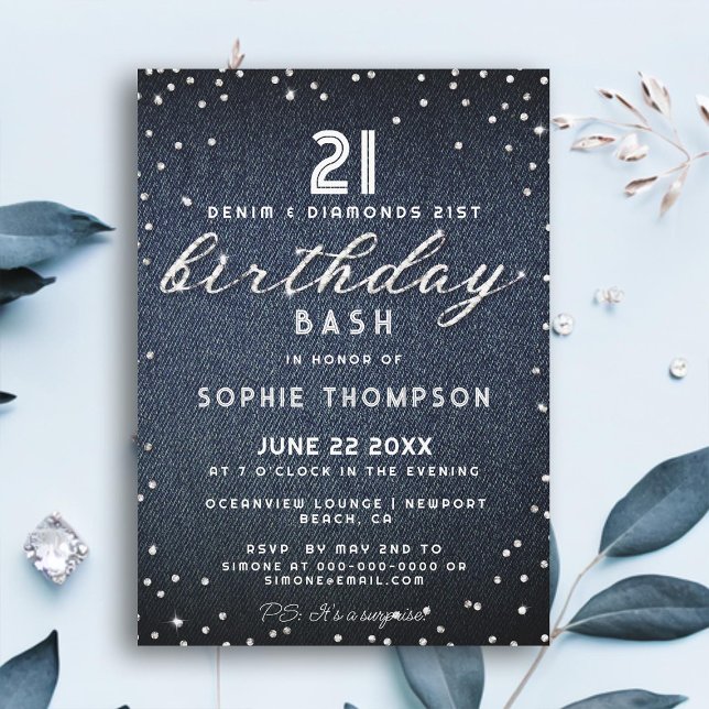 Convite Denim Diamantes Glitter Eleger aniversário de 21 a (denim diamonds 21st birthday party invitation modern elegant chic classy simple typography glam)