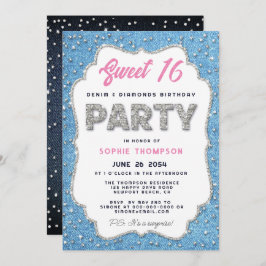 Convite Denim Diamantes Glitter Frame Sweet 16 Party Pink