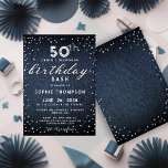 Convite Denim Diamantes Glitter Modern 50ª Festa de aniver<br><div class="desc">Um modelo simples,  moderno,  elegante e chic com fundo de denim azul,  a palavra BIRTHDAY coberta em diamantes brancos (simulados,  não em reais) e em roteiros de caligrafia modernos,  e tipografia em branco. Um design de "denim e diamantes" chico para uma mulher no seu 50º aniversário!</div>