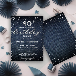 Convite Denim Diamantes Glitter Modern aniversário de 40 a