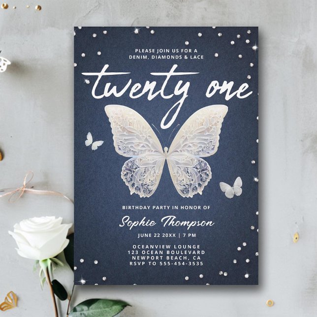 Convite Denim Diamantes Lace Butterfly Modern aniversário  (denim diamonds lace 21st birthday invite for girls elegant modern classy chic rhinestones blue jeans)