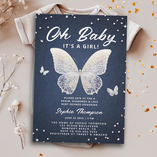 Convite Denim Diamantes Lace Butterfly Oh Baby Girl Chá (denim diamonds lace baby girl shower invitation rhinestones butterflies elegant modern classy chic)