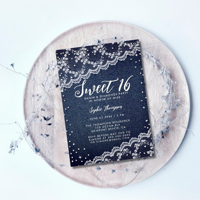 Convite Denim Diamantes Lace Sweet 16 Trendy Festa de aniv (Criador carregado)
