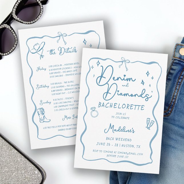 Convite Denim Diamantes Mão Escrevendo Bachelorette Itiner (denim diamonds bachelorette itinerary invitation hand written drawn cowgirl frame bow blue white)