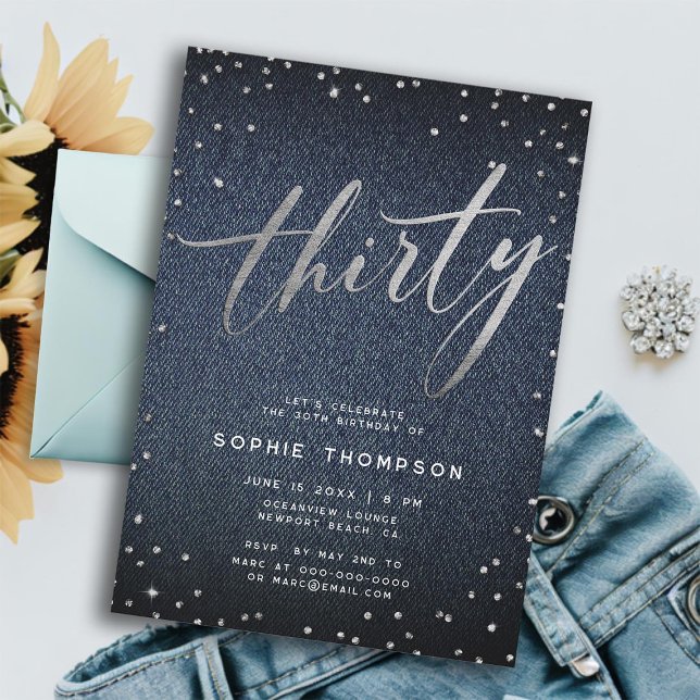 Convite Denim Diamantes Moderno aniversário de 30 anos min (denim diamonds 30th birthday invitation for women elegant modern minimalist calligraphy classy)