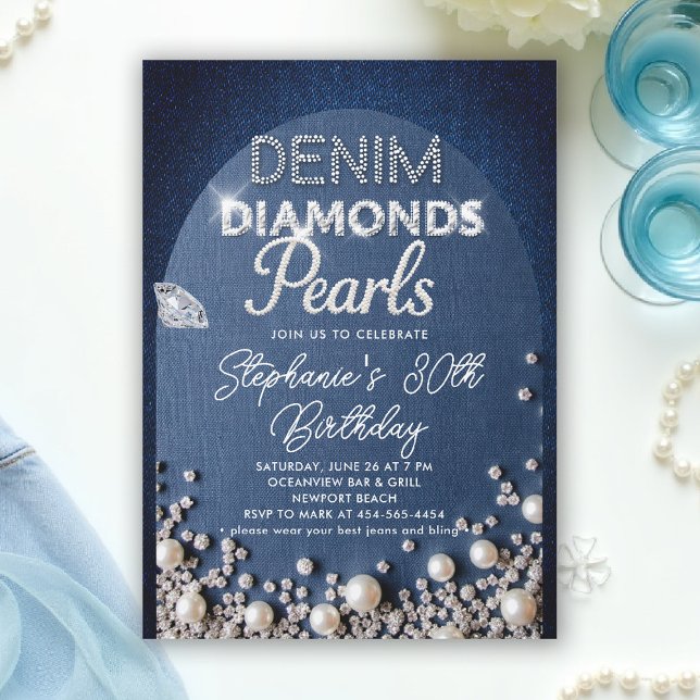 Convite Denim Diamantes Pearls Arch Tipo Clássico Aniversá (denim diamonds and pearls birthday party invitation modern classy elegant minimalist blue white diy )