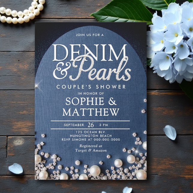 Convite Denim Diamantes Pearls Arco Chá de Casal Chic (denim and pearls couple shower invitation bridal wedding diamonds blue white arch elegant classy coe)