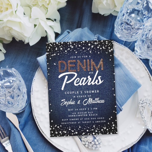 Convite Denim Diamantes Pearls Casal Elegante Moderno (denim diamonds pearls couple wedding shower invitation blue brown brass elegant classy rustic chic)