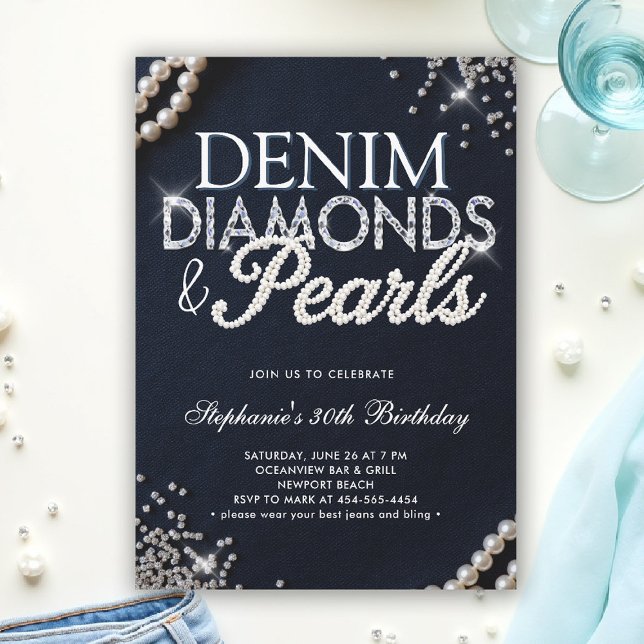 Convite Denim Diamantes Pearls Chic Classy Elegant Anivers (denim diamonds and pearls party ideas modern classy elegant blue white invites)