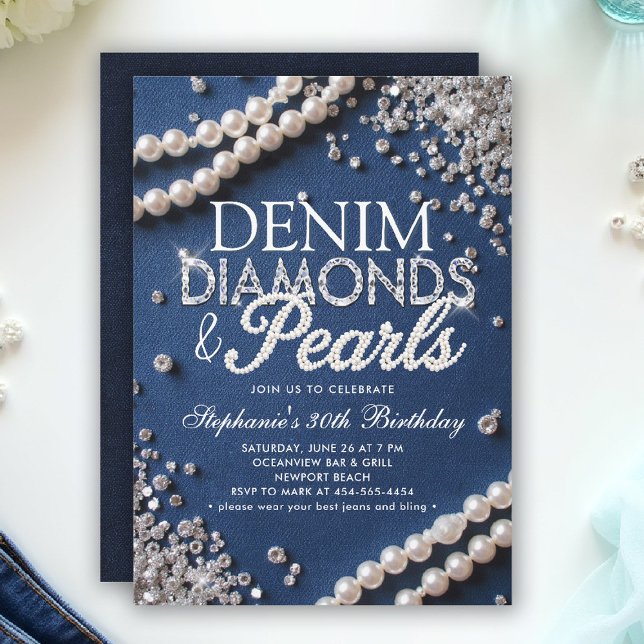 Convite Denim Diamantes Pearls Chic Classy Na moda Birthda (denim diamonds and pearls party ideas modern classy elegant blue white invites diy invites templates)